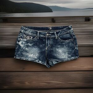 Soundgirl Denim Shorts 11 (W32) Blue Embroidered Embellished Stretch Juniors